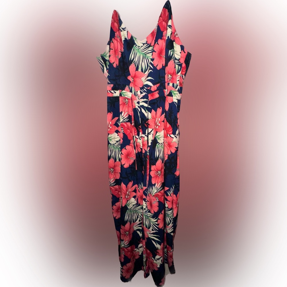 NEW Reveuse Pink and Blue Floral V- Neck Waist Tie Zipper Jumpsuit size 2X - Picture 3 of 15